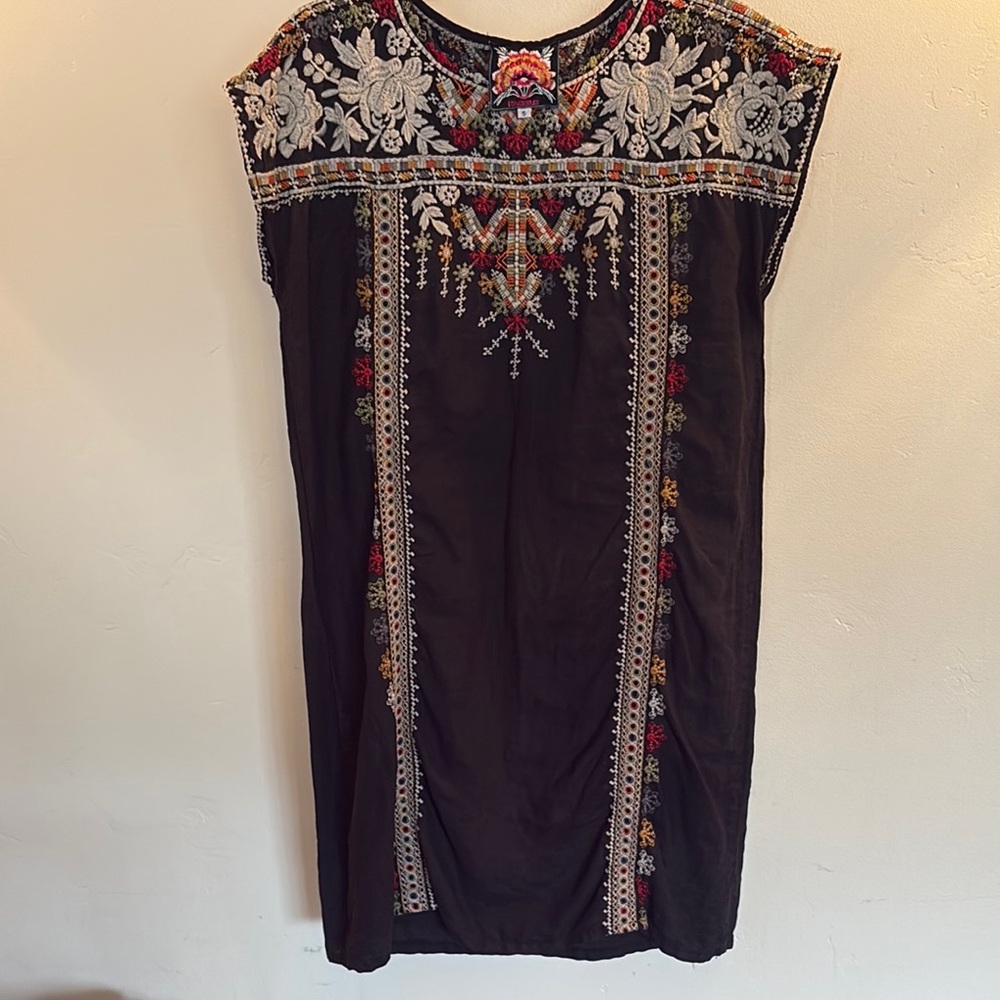Johnny Was Linen Embroidered Black Dress with Floral Patterns